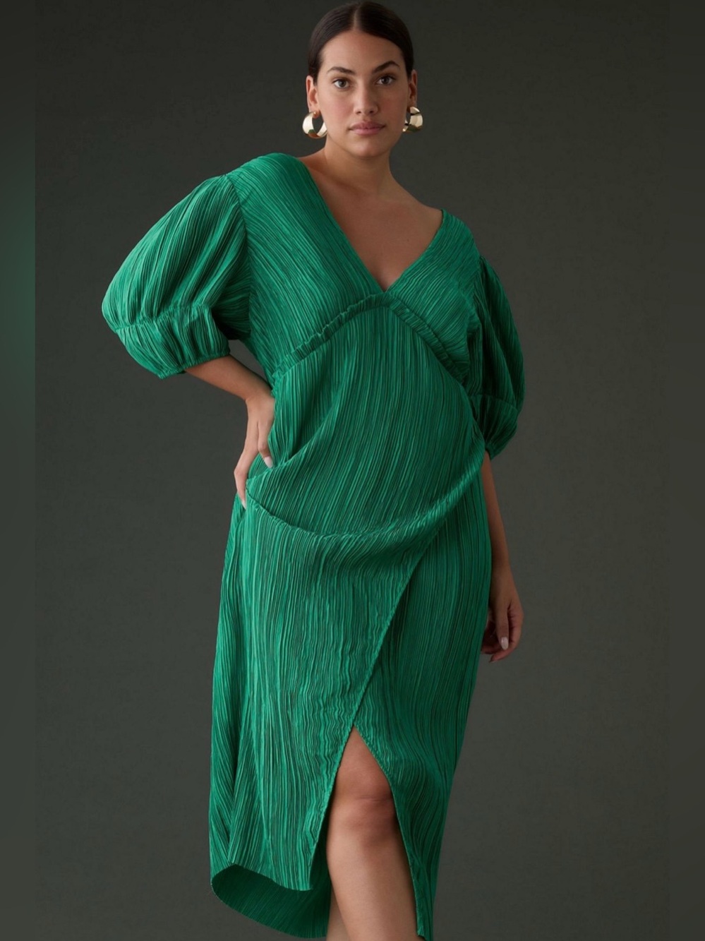 Anthropologie Emerald Green Pleated V-Neck Midi Dress Size 3X